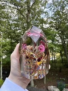 Vintage Faceted Art Glass Paperweight w/ Internal Pink Flower Bouquet Heavy 853g - Picture 1 of 9
