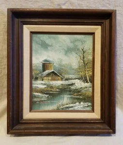 Landscape Winter Barn With River Certified Oil Painting SIGNED By Artist, Framed - Picture 1 of 9