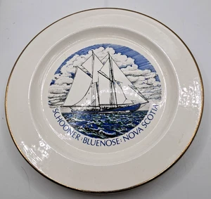 Vintage Schooner Blue Nose Art Nova Scotia 22k Gold Trimmed Ceramic Plate 7.5" - Picture 1 of 6