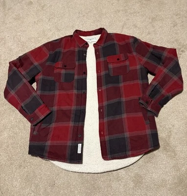Modern Amusement Mens Flannel Jacket Shirt Sherpa Lining Red Gray Plaid, Sz L - Image 1 of 4