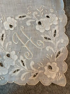 Vintage H monogram Wedding Hanky Madeira tag white on white 13.5" - Picture 1 of 3