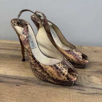 Sandalias Jimmy Choo Julie Python Cuero Punta Abierta Eslinga Plataforma Tacón Alto 39 Foto 1 de 4