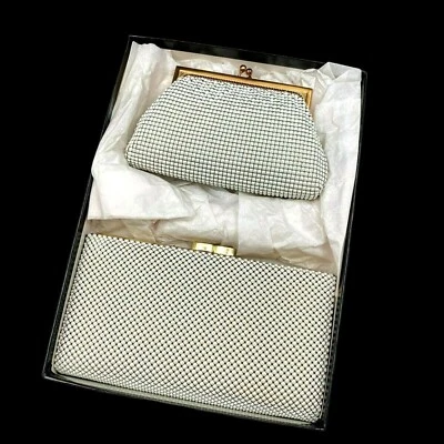 Whiting & Davis Vintage White Mesh Evening Clutch & Coin Purse Set Kiss Lock - Image 1 of 4