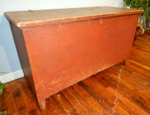 Antique Country Sheraton Original Red Paint Blanket Chest Pine Circa 1810 Cover