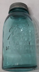 BALL PERFECT MASON JAR - BLUE 56 OUNCE - ZINC LID #6 or 9, 1910-1923 Ascender - Imagen 1 de 5