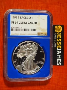 1997 P PROOF SILVER EAGLE NGC PF69 ULTRA CAMEO BLUE CORE HOLDER - Picture 1 of 2