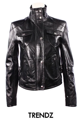 Ladies FUSION BLACK Military Smart Real Waxed Lambskin Leather Designer Jacket - Image 1 of 4