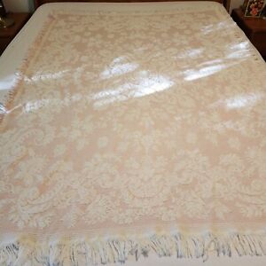 Pink and White Chenille Blanket Throw Fringed Floral Scrolls 62" x 44" VTG