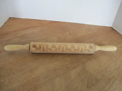Rolling Pin Natural Wood Christmas Tree & Deer Embossed Never Used 17" Long - Image 1 of 2