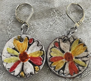 Hand Painted Handmade Leather Round Flower Floral Dangle Earrings Artisan Silver - Picture 1 of 5