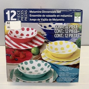 12 Piece Melamine Dinnerware Set Colorful Dots Bright Stripes Solids Indoor/Outd - Picture 1 of 8