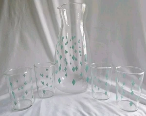Brocca succo caraffa vetro Pyrex vintage 5 pezzi bicchieri 3,5" Atomic Diamond Starburst - Foto 1 di 9