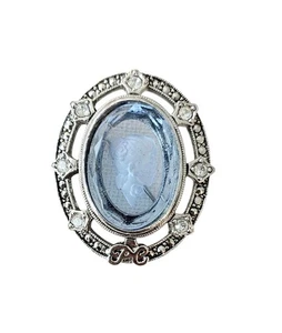 Avon 1998 Blue Glass Intaglio Cameo Brooch Oval Clear Rhinestone Pin, Signed - Picture 1 of 8