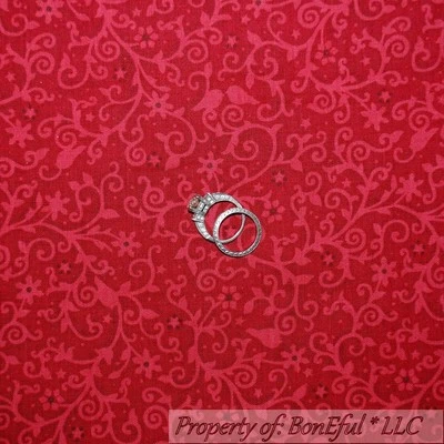BonEful Fabric FQ Cotton Quilt VTG Red Tone Flower Swirl Leaf Bird Xmas Star Dot - Image 1 of 4