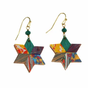 Hook Earrings Multi-coloured Clay & Wood "Star" Shape & Bead Handmade in India - Picture 1 of 7