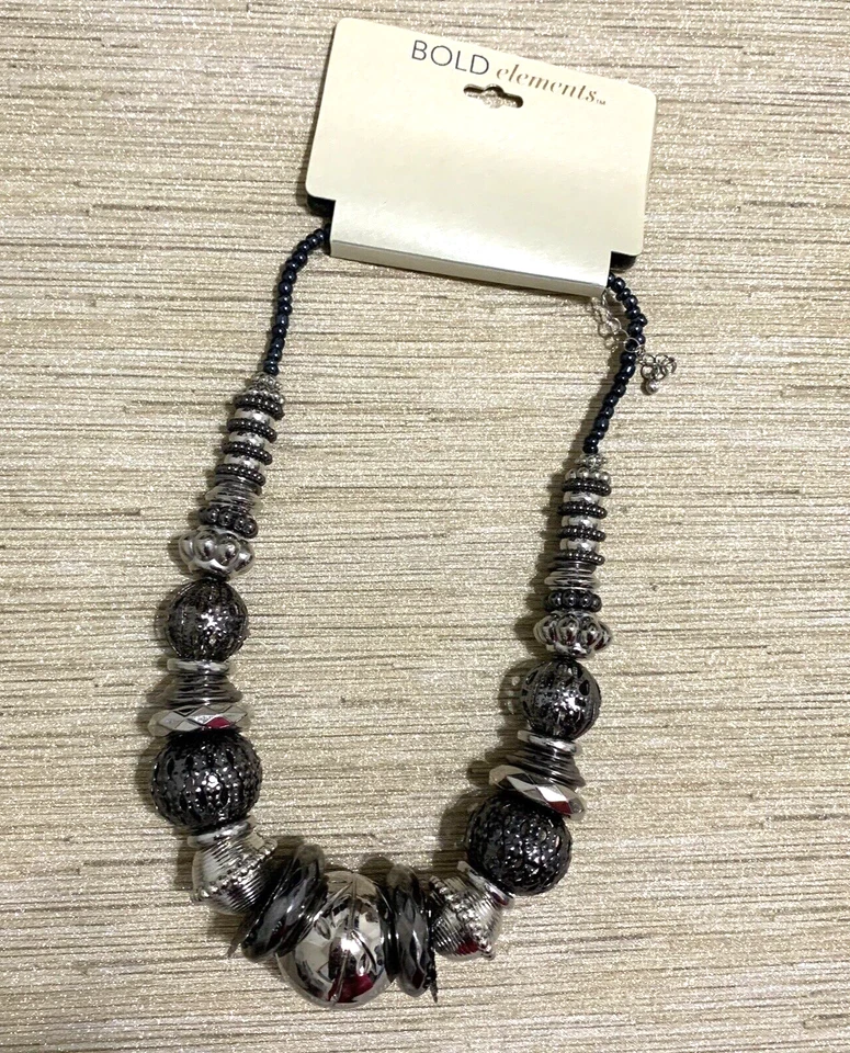 Bold ELEMENTS Silvertone Large Chunky Beads Statement Necklace 16”