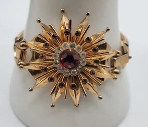Coro Atomic Starburst Bracelet 1946 Ultra Violet Rhinestone Gold Tone Book Piece - Picture 1 of 22