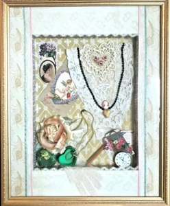 ANTIQUE FRAMED LOVE TOKENS & CARDS & NOTES & ROMANCE COLLAGE - Picture 1 of 11