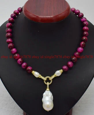 10 毫米玫瑰红老虎眼宝石白色巴洛克式 Keshi 珍珠吊坠项链 20 — 第 1/4 张图片