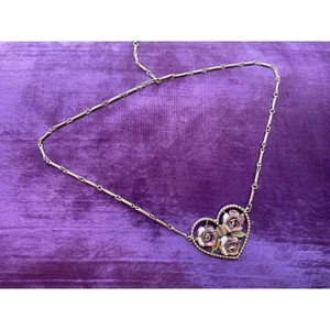 vintage 1980s purple roses 3-d heart necklace 80s jewelry silvertone novelty - Picture 1 of 5