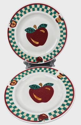 Tabletops Unlimited Dinner Plates Set of 2 A Is For Apple Green Tan Check Border - Image 1 of 3