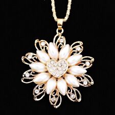 Love Heart Flower Pendant Crystal Faux Pearl Gold Tone Sweater Chain Necklace