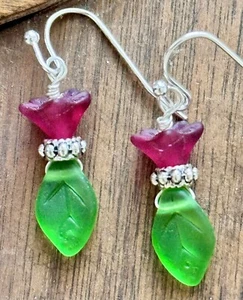Silver, Green Leaf and Cranberry Red Flower Dangle Earrings. Boho Chic. Bloom - Picture 1 of 3