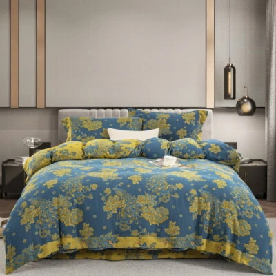 Bedding Set 4pcs 100% Cotton Gauze Jacquard Duvet Cover Flat Sheet 2 Pillowcases - Image 1 of 4