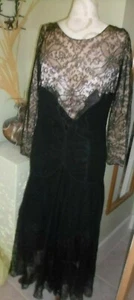 Antique 1920s Black Lace Dress ankle length szM lg slv. ARtSY formal.satin slip - Picture 1 of 5