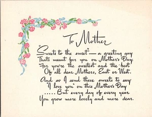 Tarjeta de felicitación vintage del día de la madre a la madre... poema  - Imagen 1 de 2