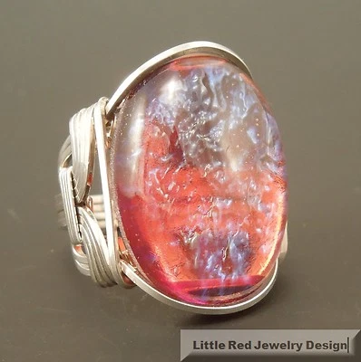 Large Sterling Silver Dragon's Breath Glass Cabochon Wire Wrapped Ring  - Image 1 of 4