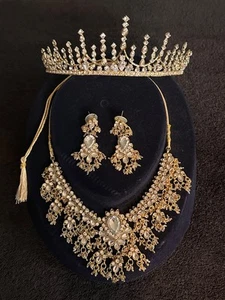 Luxury Crown Bridal Jewelry Set Rhinestone Tiara and Necklace Earrings Wedding - Picture 1 of 24