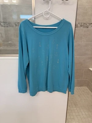 Nuevo NUEVO CON ETIQUETAS FRESH PRODUC Mujer XL Sudadera Pullover Anclas Azul Aqua Costero Foto 1 de 4