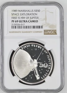1989 Marshall Islands Space First Flyby of Jupiter Silver $50 - NGC PF69 UC - Picture 1 of 2