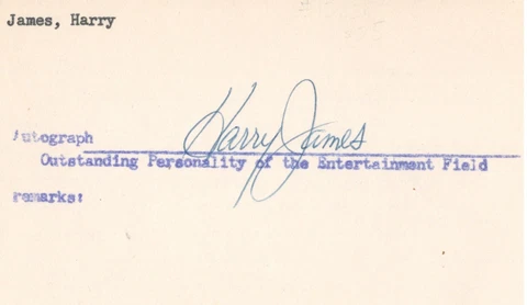 Harry James. Signed index card. Big Band Jazz leader,  trumpeter & actor. COA Cover
