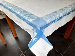 TABLE CLOTH Mid CENTURY LINEN DAMASK BLUE BORDER WHITE TEXTURED SUBTLE FLORAL - Picture 1 of 6