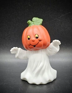 Vintage Ceramic Jack-O-Lantern Pumpkin Ghost 4"Figurine Kitschy Halloween Casper - Picture 1 of 10