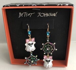 Betsey Johnson Ghost & Spider Web Drop Earrings w/Crystals Rhinestones HALLOWEEN