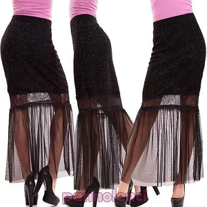 Gonna lunga velata brilantini elastica vita alta pizzo party donna sexy CR-2433 - Foto 1 di 3