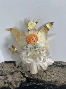 Vintage Christmas Spun Glass Angel Hair Die Cut Srcap Paper Angel Tree Topper - Picture 1 of 6