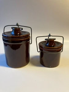 Set of 2 Stoneware Crocks with lids, Butter crock, salt cellar Vintage Brown - Picture 1 of 6