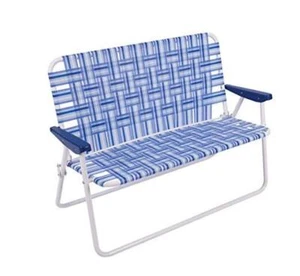 16" Extended Height Folding Double Wide Web Lawn Chair Loveseat, Blue/White - Picture 1 of 7