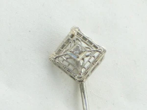 Vintage 14K White Gold Filigree Diamond Stick Lapel Pin Stickpin Antique - Picture 1 of 6