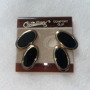 Citation Comfort Clip on Ohrringe Goldfarben Schwarz Emaille Neu Old Stock Vintage - Bild 1 von 17