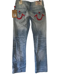 True Religion Jeans Mens 30 Light Wash Straight Flap Natural Runstch Red Detail - Picture 1 of 15