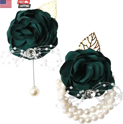 Wrist Corsage and Boutonniere Set Wedding Flowers Homecoming Bridesmaid Corsage  - Image 1 of 4