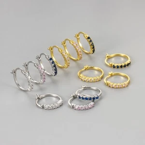 Women White Gold Plated Silver Gold CZ Round Huggie Hoop Earrings 17mm PE54 - Picture 1 of 15