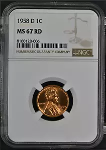 :1958-D 1C LINCOLN CENT SUPERB NGC MS 67 RD SHINING RED RARITY-R3 HIGHEST GRADES - Picture 1 of 2