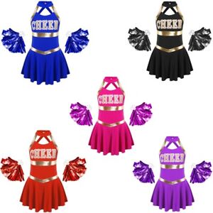 Girls Cheerleader Costume Cheerleading Kids Dress Outfit Uniform with PomPoms