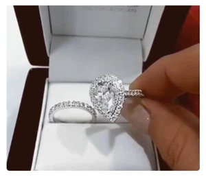4.15Ct White Pear Lab Created Diamond 14K White Gold Engagement Bridal Ring Set - Picture 1 of 7